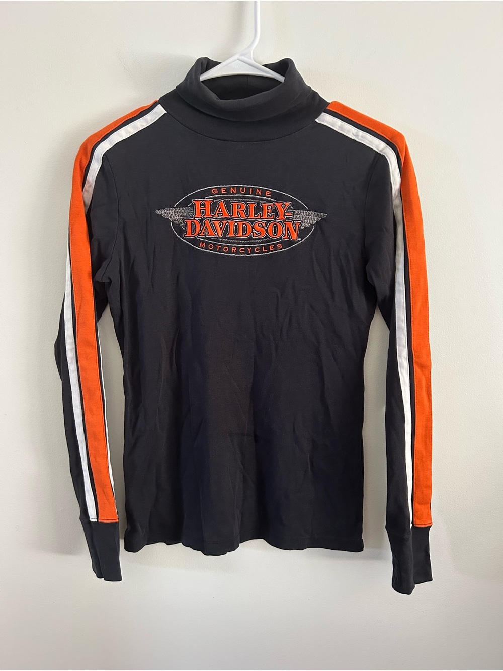 Harley Davidson Turtleneck Women’s Lg Black Orange Stripe Logo Biker Vintage